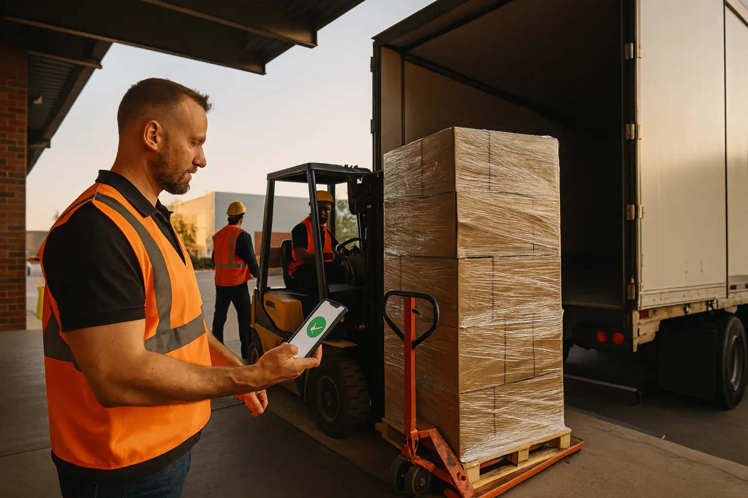 Équipe charge les palettes sur le camion au quai de l’entrepôt, départ programmé et validation de l’enlèvement pour rachat d’invendus MHMARKET.
