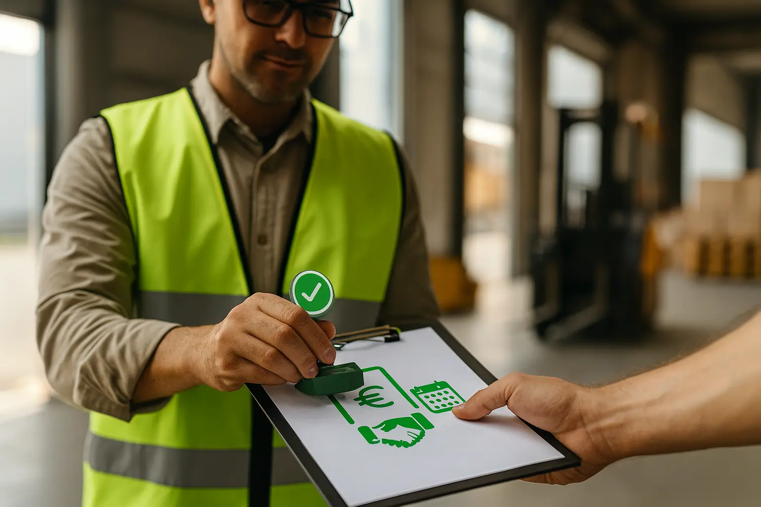 Responsable logistique appose un tampon de validation sur l’offre ferme, rachat d’invendus au comptant et planning d’enlèvement confirmés par MHMARKET.