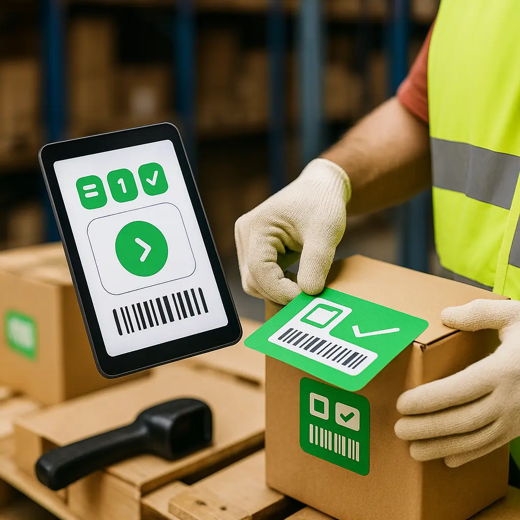 Opérateur appose une étiquette code-barres sur carton et enregistre sur tablette, traçabilité des flux et contrôle qualité pour déstockage MHMARKET.